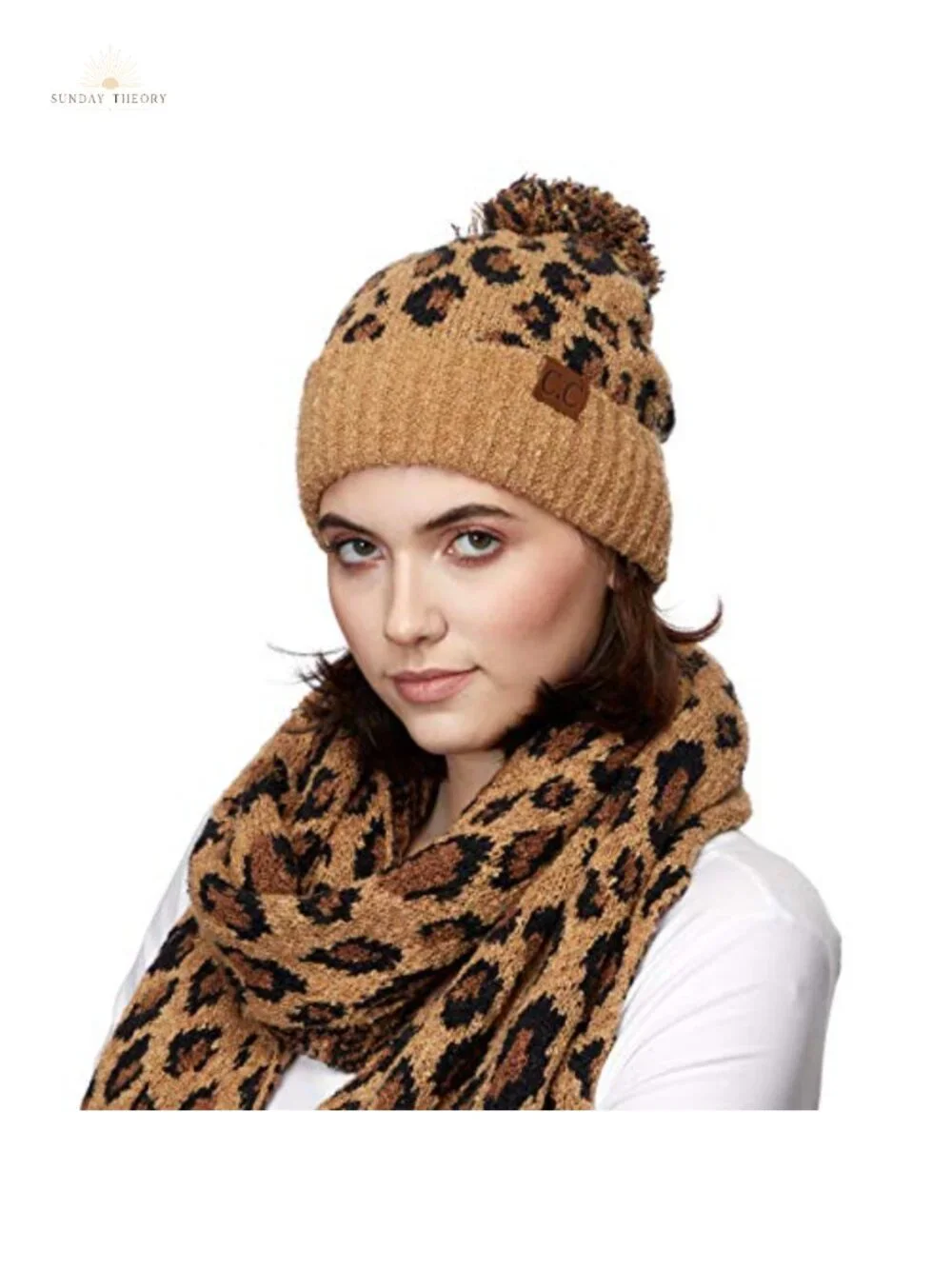 Leopard Pattern Beanie with Fur Pom, Viscose Blend, Winter Hat